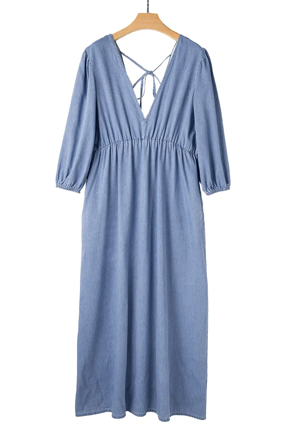 Myosotis Chambray Deep V Neck Bracelet Sleeve Maxi Dress - eAura