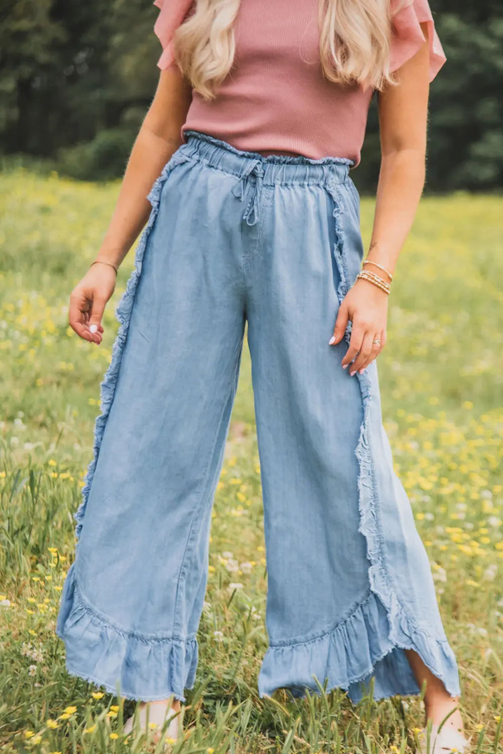 Myosotis Light Wash Raw Hem Ruffled Wide Leg Jeans Beagle Boutique Fashion Outlet
