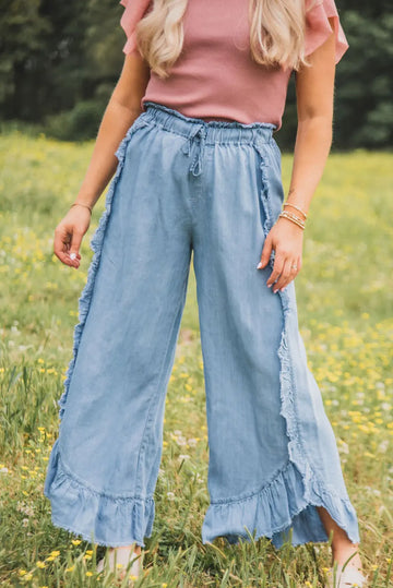 Myosotis Light Wash Raw Hem Ruffled Wide Leg Jeans Beagle Boutique Fashion Outlet