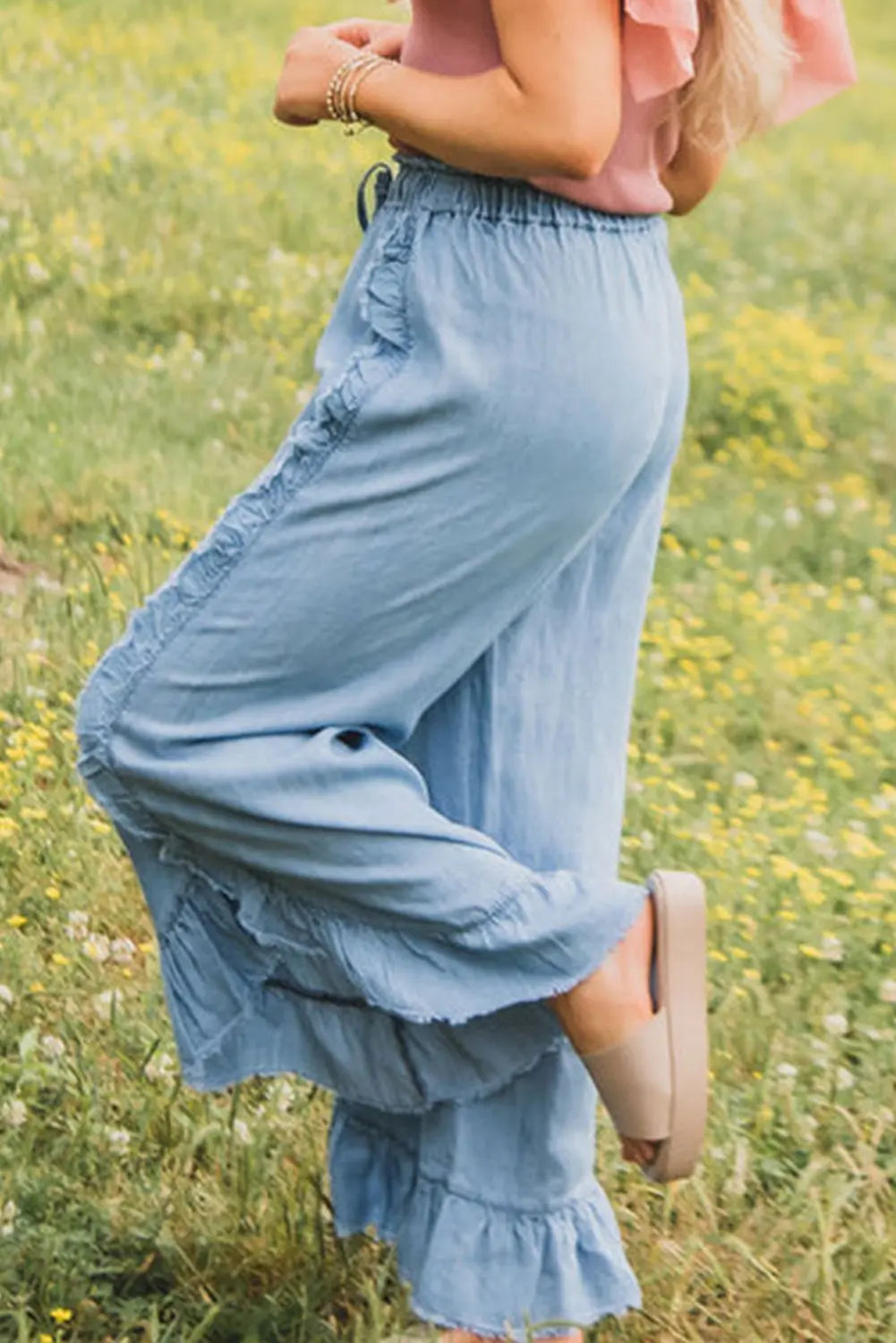 Myosotis Light Wash Raw Hem Ruffled Wide Leg Jeans Beagle Boutique Fashion Outlet