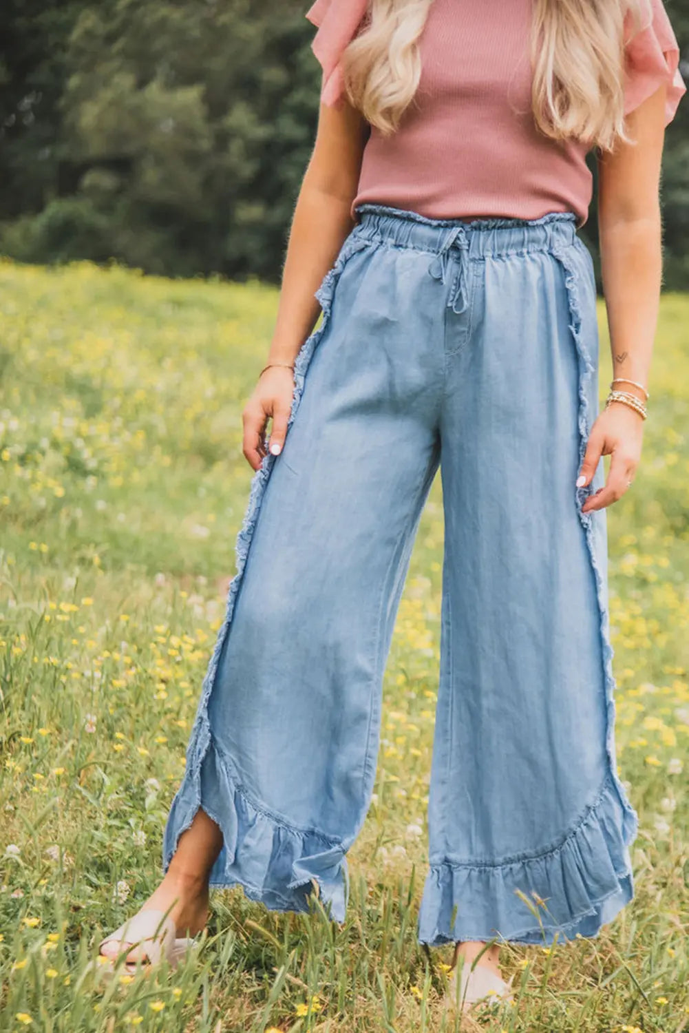 Myosotis Light Wash Raw Hem Ruffled Wide Leg Jeans Beagle Boutique Fashion Outlet