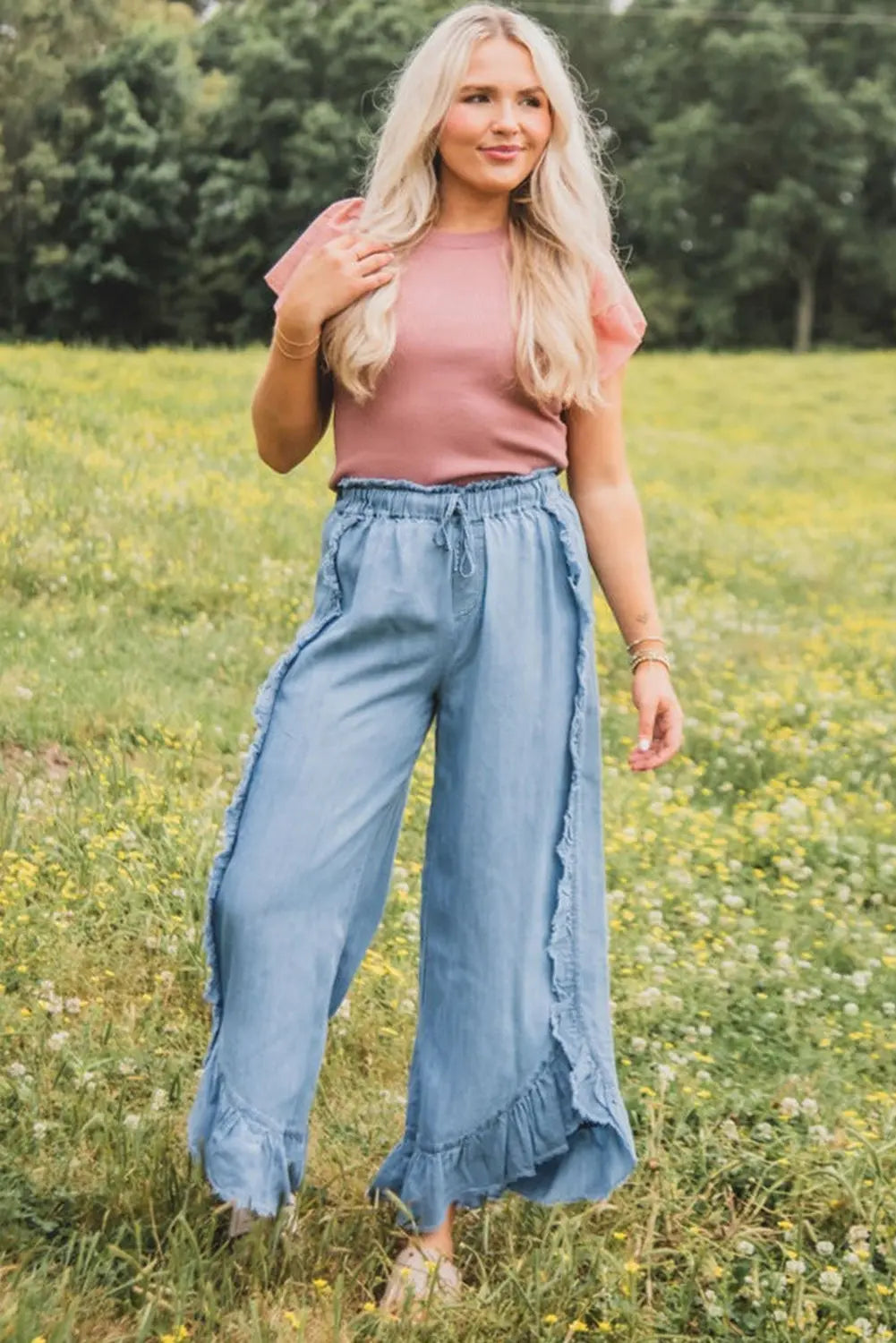 Myosotis Light Wash Raw Hem Ruffled Wide Leg Jeans Beagle Boutique Fashion Outlet