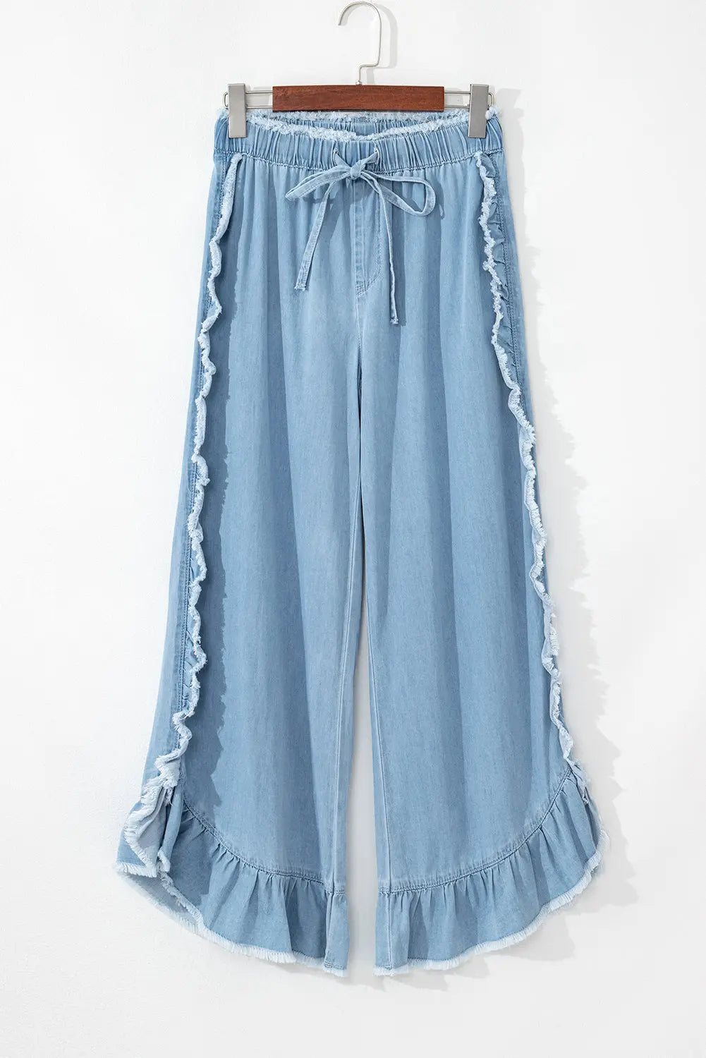 Myosotis Light Wash Raw Hem Ruffled Wide Leg Jeans Beagle Boutique Fashion Outlet