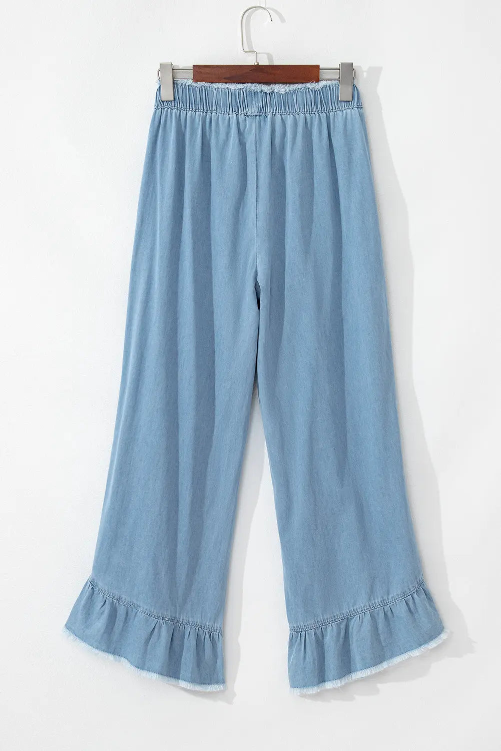 Myosotis Light Wash Raw Hem Ruffled Wide Leg Jeans Beagle Boutique Fashion Outlet