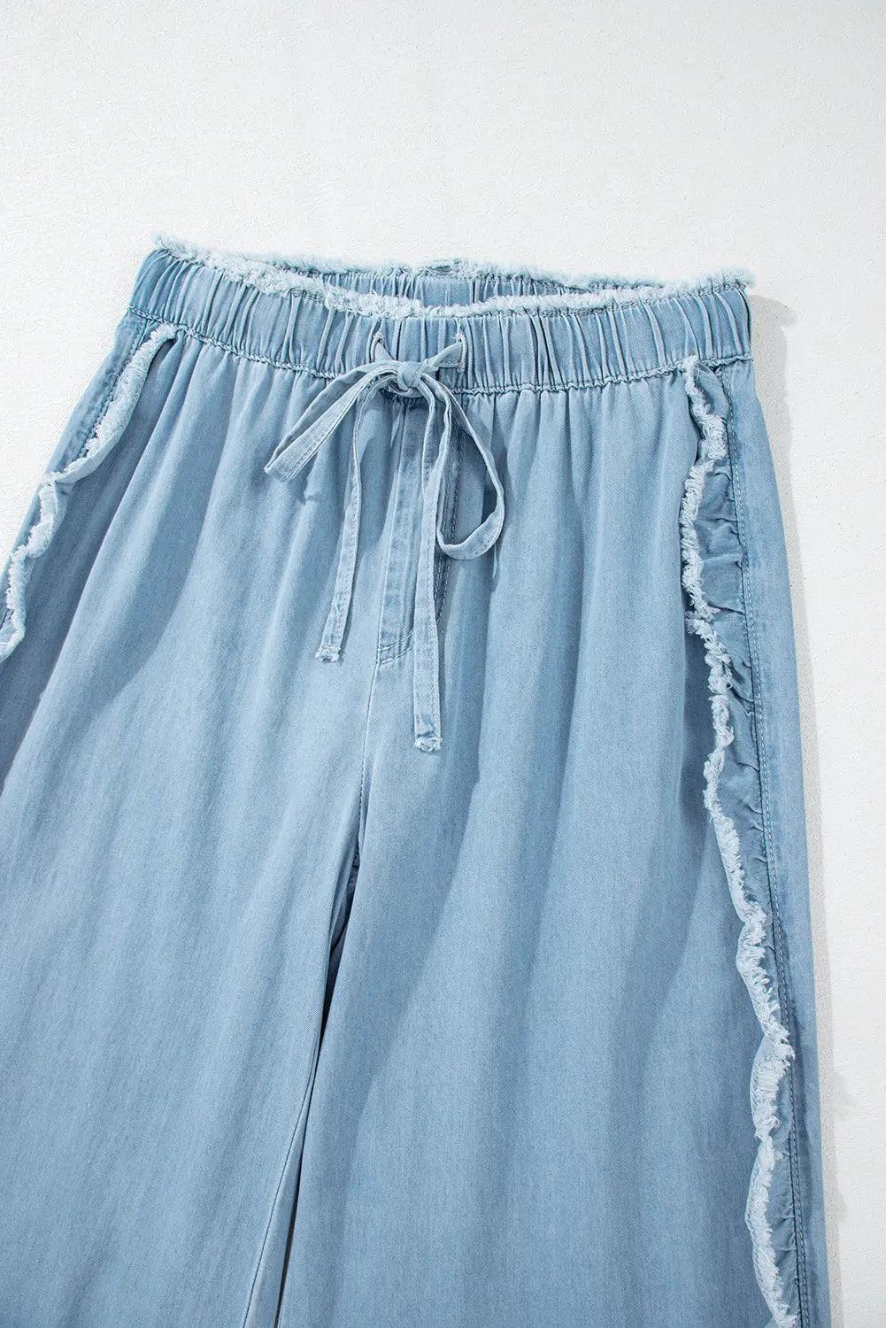 Myosotis Light Wash Raw Hem Ruffled Wide Leg Jeans Beagle Boutique Fashion Outlet