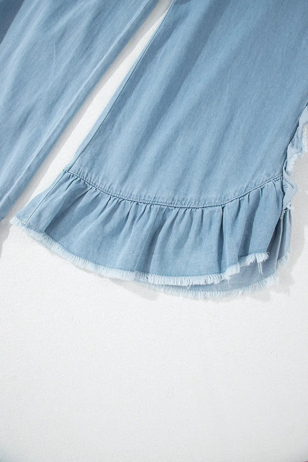 Myosotis Light Wash Raw Hem Ruffled Wide Leg Jeans Beagle Boutique Fashion Outlet