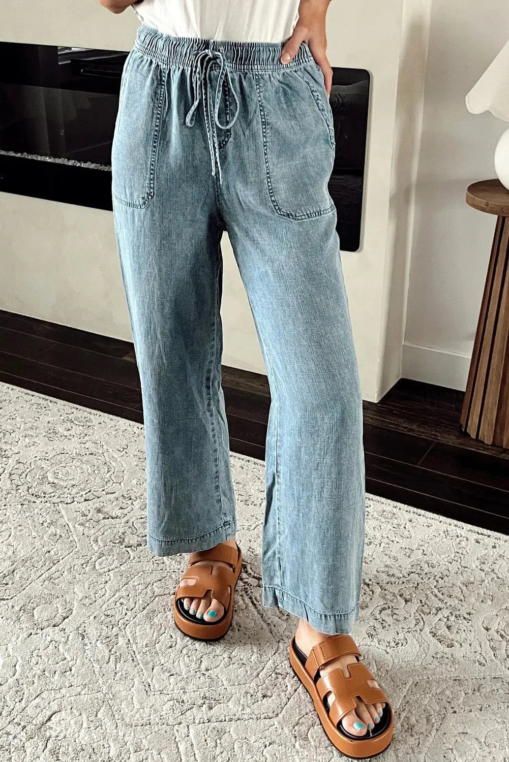 Myosotis Mineral Wash Drawstring Waist Loose Straight Denim Trousers eAura