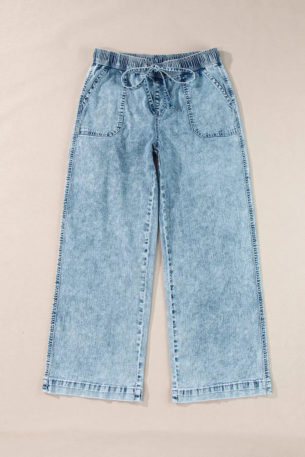 Blue Mineral Wash Drawstring Waist Loose Straight Denim Trousers - Bottoms/Jeans/WideLeg