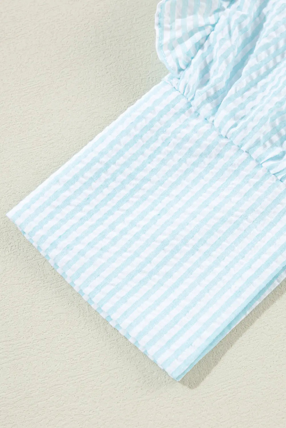 Myosotis Seersucker Ruffled Puff Sleeve Stand Neck Mini Dress - eAura