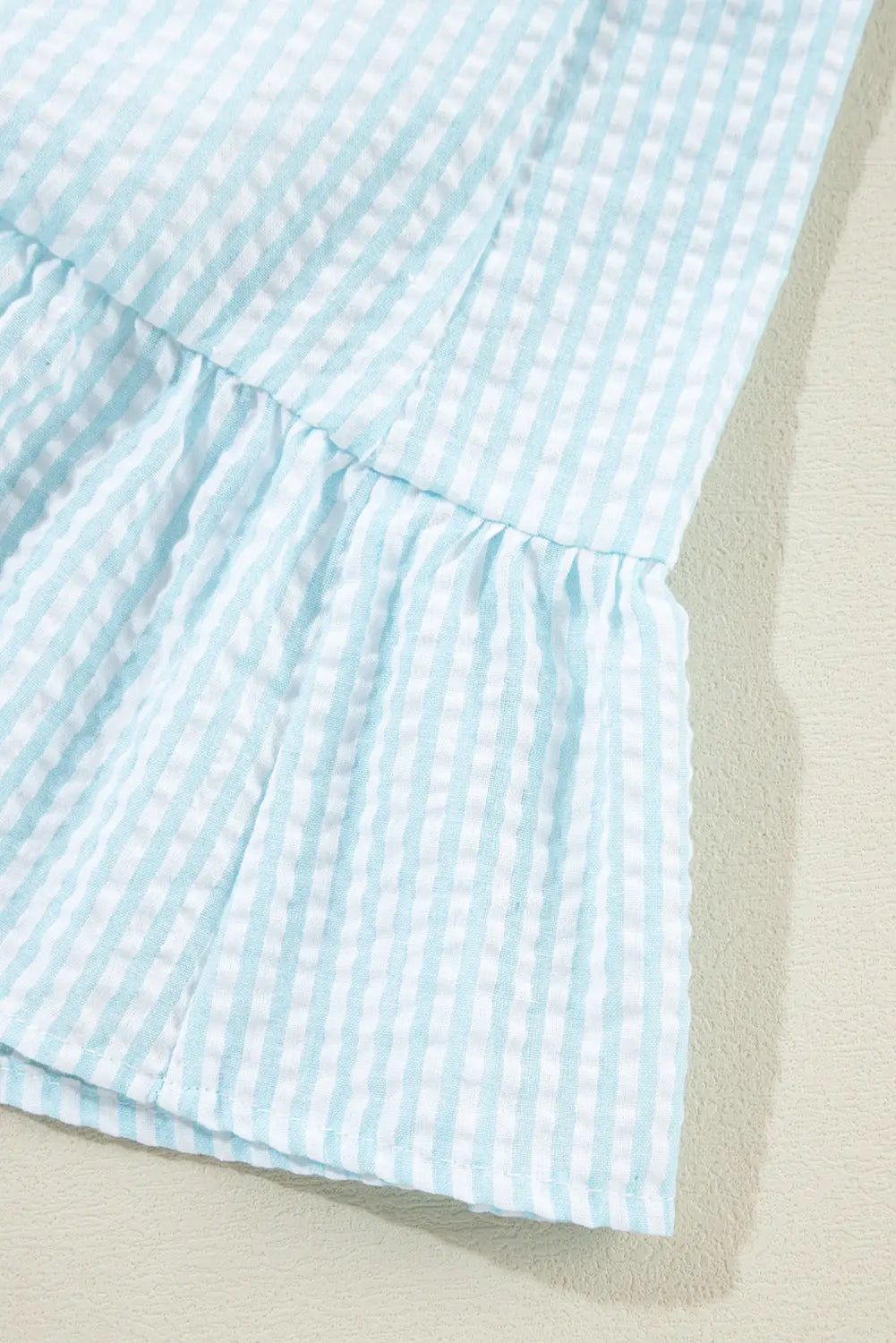 Myosotis Seersucker Ruffled Puff Sleeve Stand Neck Mini Dress - eAura