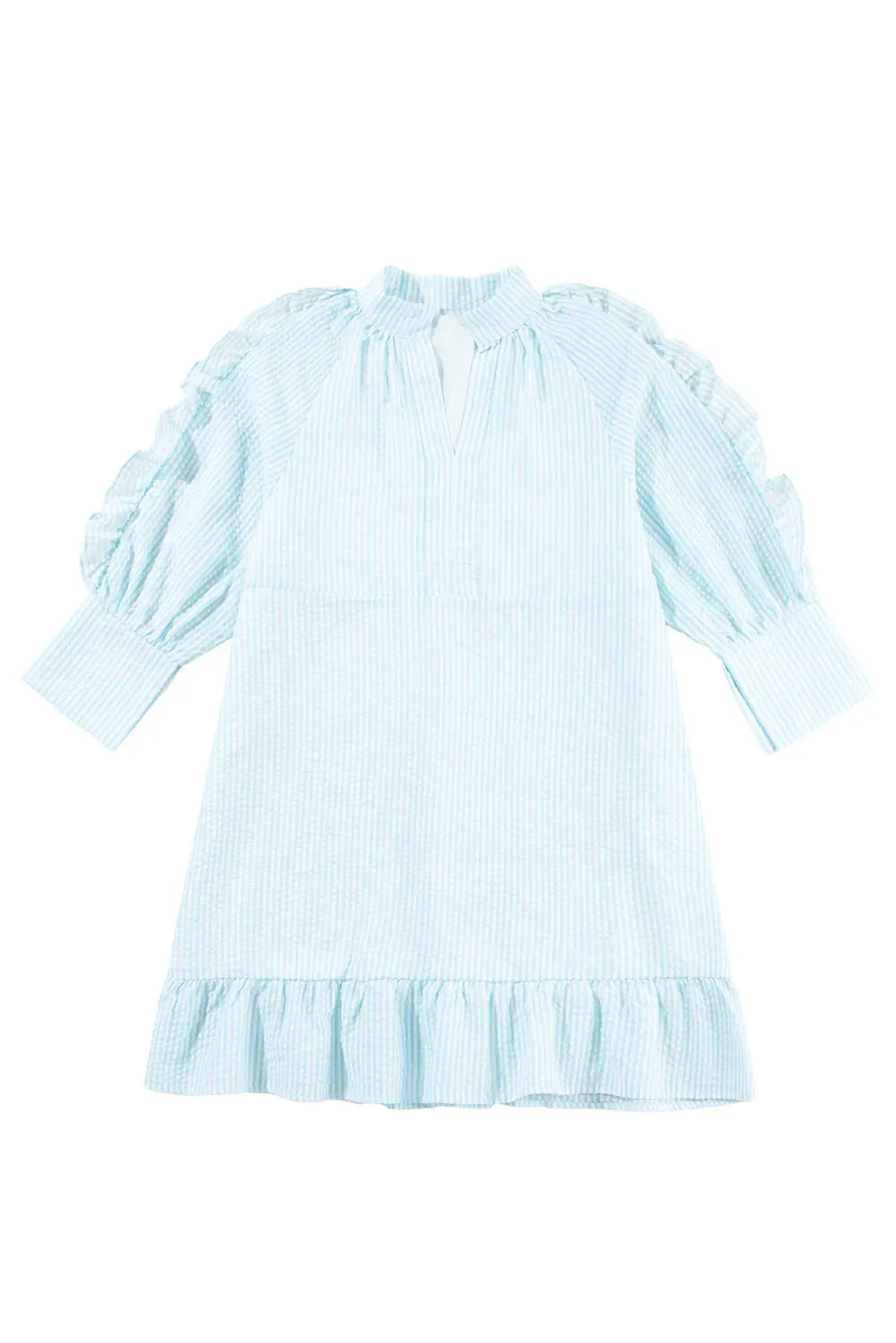 Myosotis Seersucker Ruffled Puff Sleeve Stand Neck Mini Dress - eAura