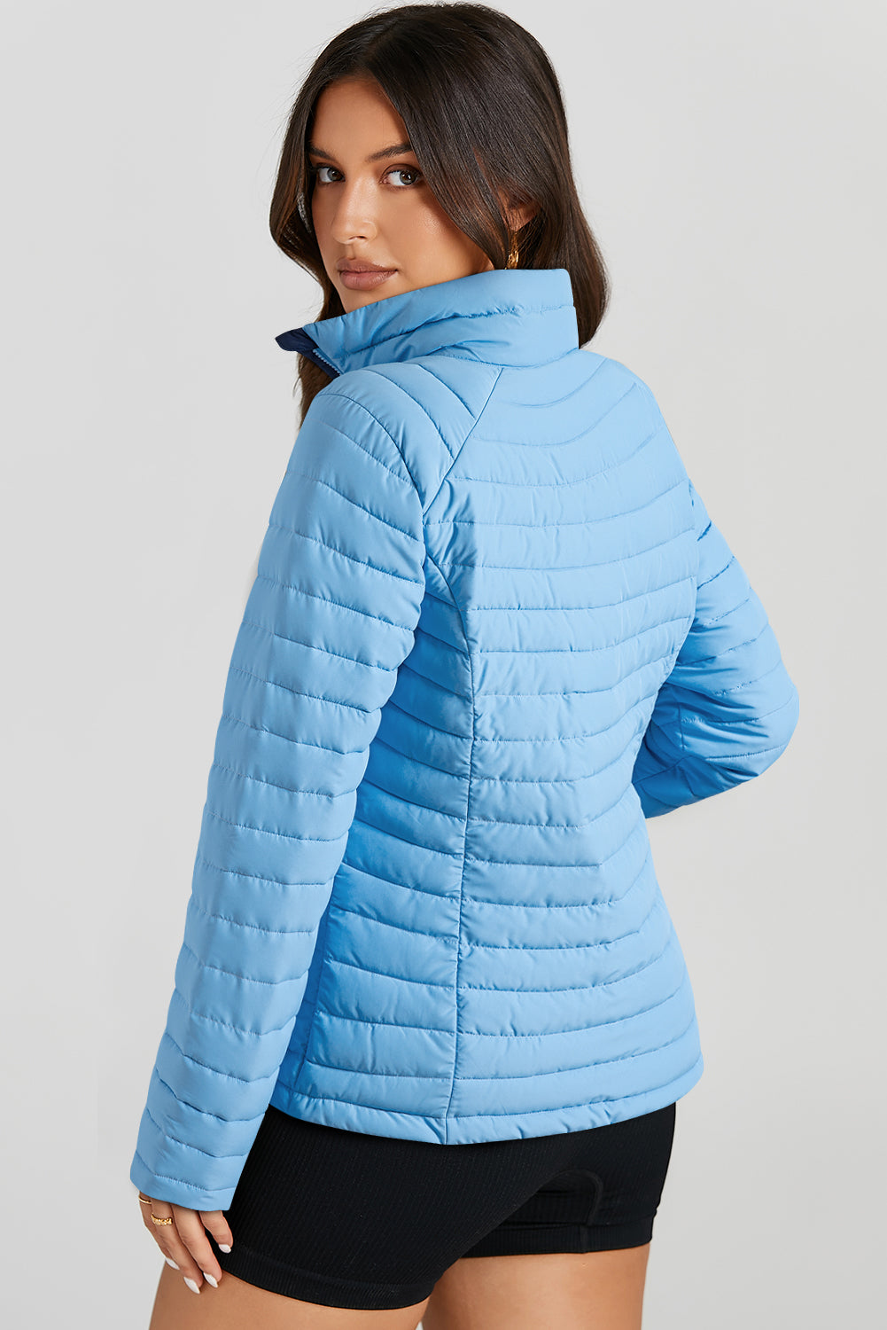 Myosotis Solid Colour Quilted Zip-up Puffer Jacket - eAura