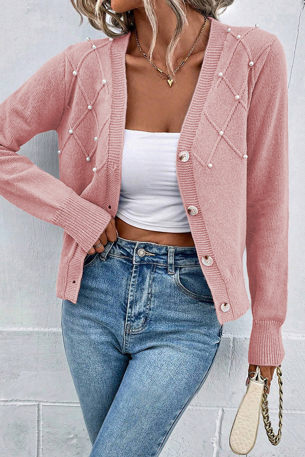 Blue Textured Knit Pearl Beaded Button Up Cardigan - SEPIA ROSE / S / 42% ACRYLIC + 30% POLYESTER + 28% POLYAMIDE