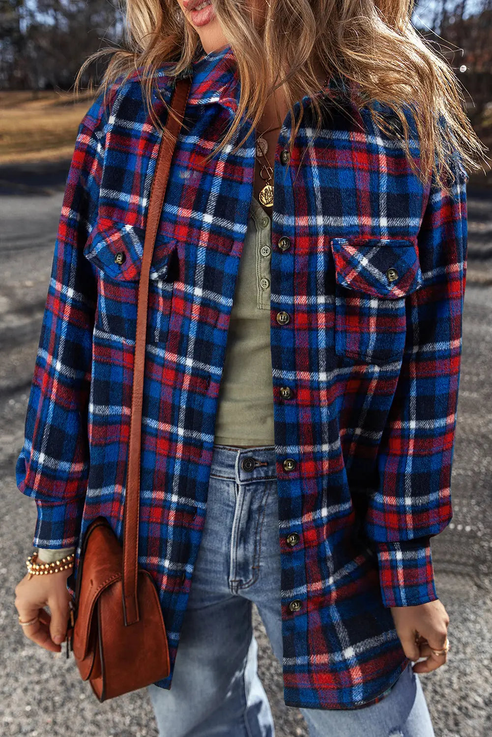 Navy Blue Plaid Flap Pocket Button Up Shacket Beagle Boutique Fashion Outlet