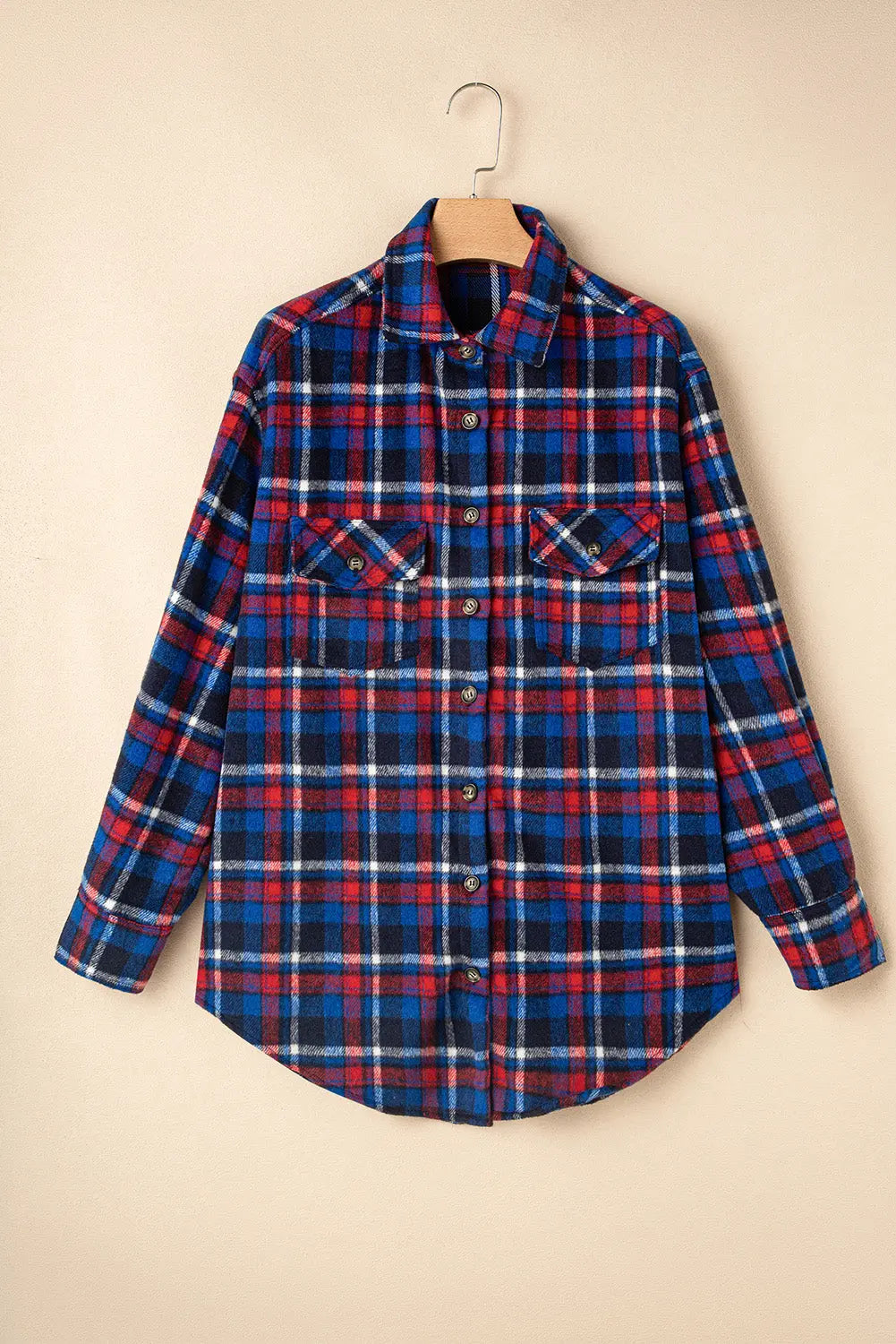 Navy Blue Plaid Flap Pocket Button Up Shacket Beagle Boutique Fashion Outlet
