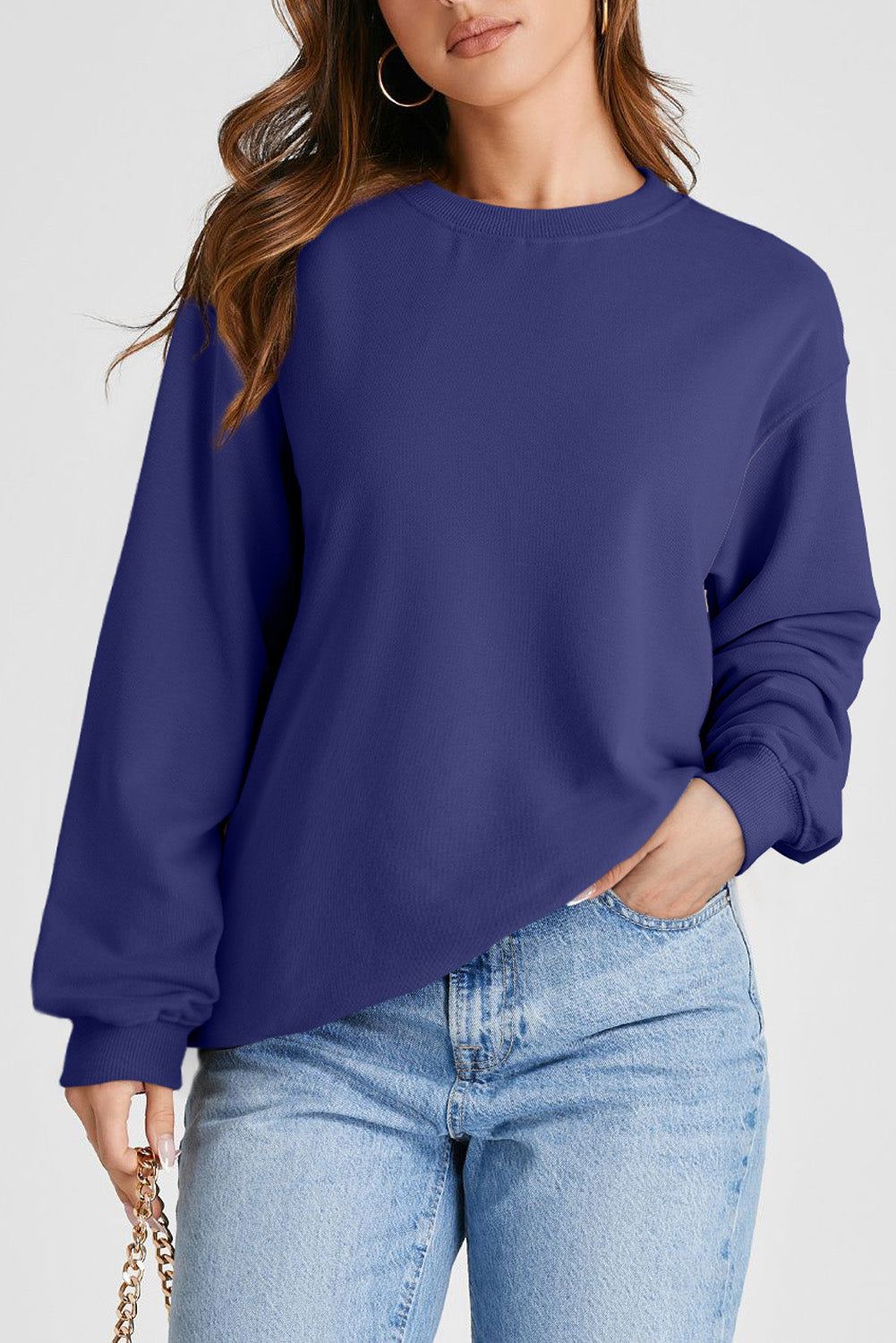 Navy Blue Plain Drop Shoulder Crewneck Pullover Sweatshirt - eAura