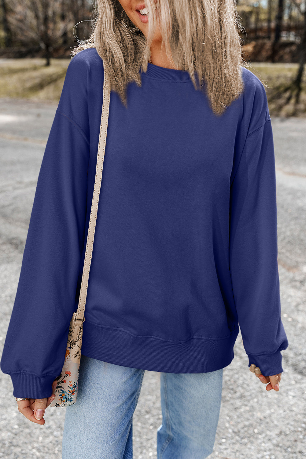 Navy Blue Plain Drop Shoulder Crewneck Pullover Sweatshirt - eAura