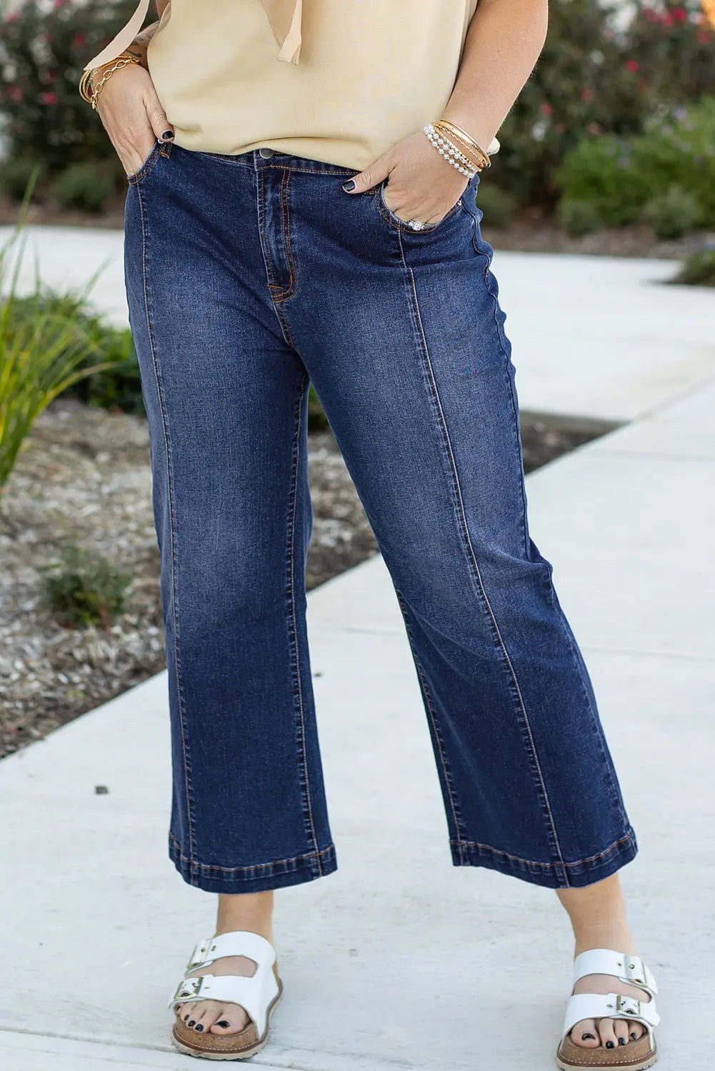 Navy Blue Plus Size Seamed Wide Leg High Waist Jeans Beagle Boutique Fashion Outlet