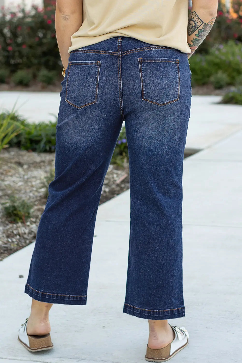 Navy Blue Plus Size Seamed Wide Leg High Waist Jeans Beagle Boutique Fashion Outlet