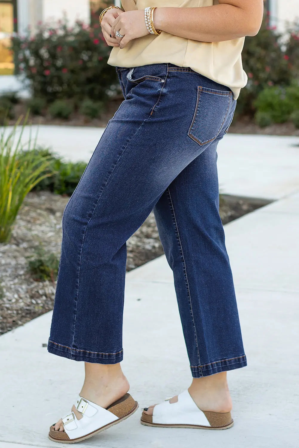 Navy Blue Plus Size Seamed Wide Leg High Waist Jeans Beagle Boutique Fashion Outlet