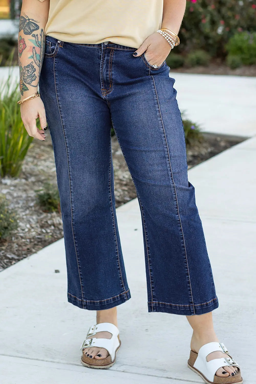 Navy Blue Plus Size Seamed Wide Leg High Waist Jeans Beagle Boutique Fashion Outlet