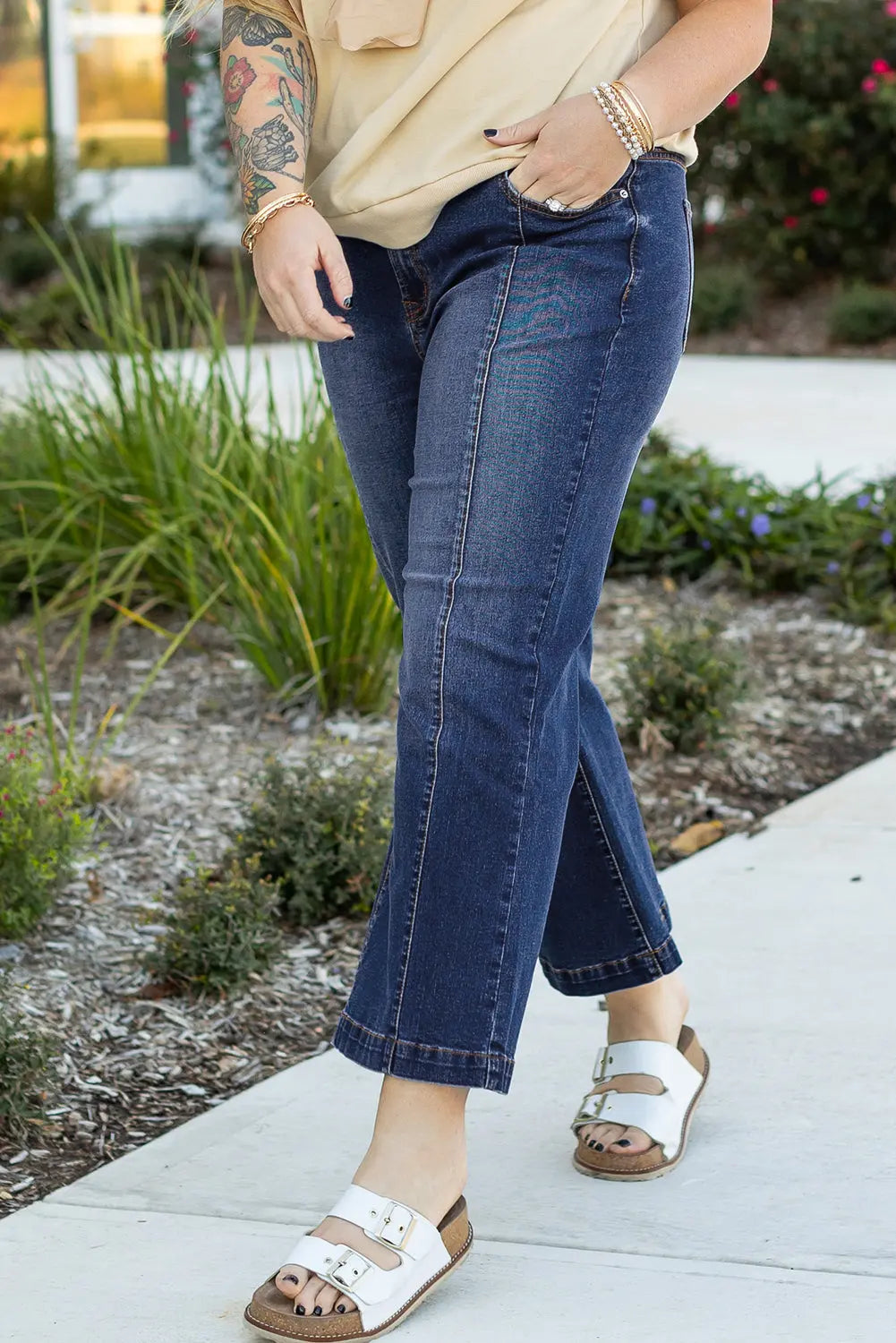 Navy Blue Plus Size Seamed Wide Leg High Waist Jeans Beagle Boutique Fashion Outlet