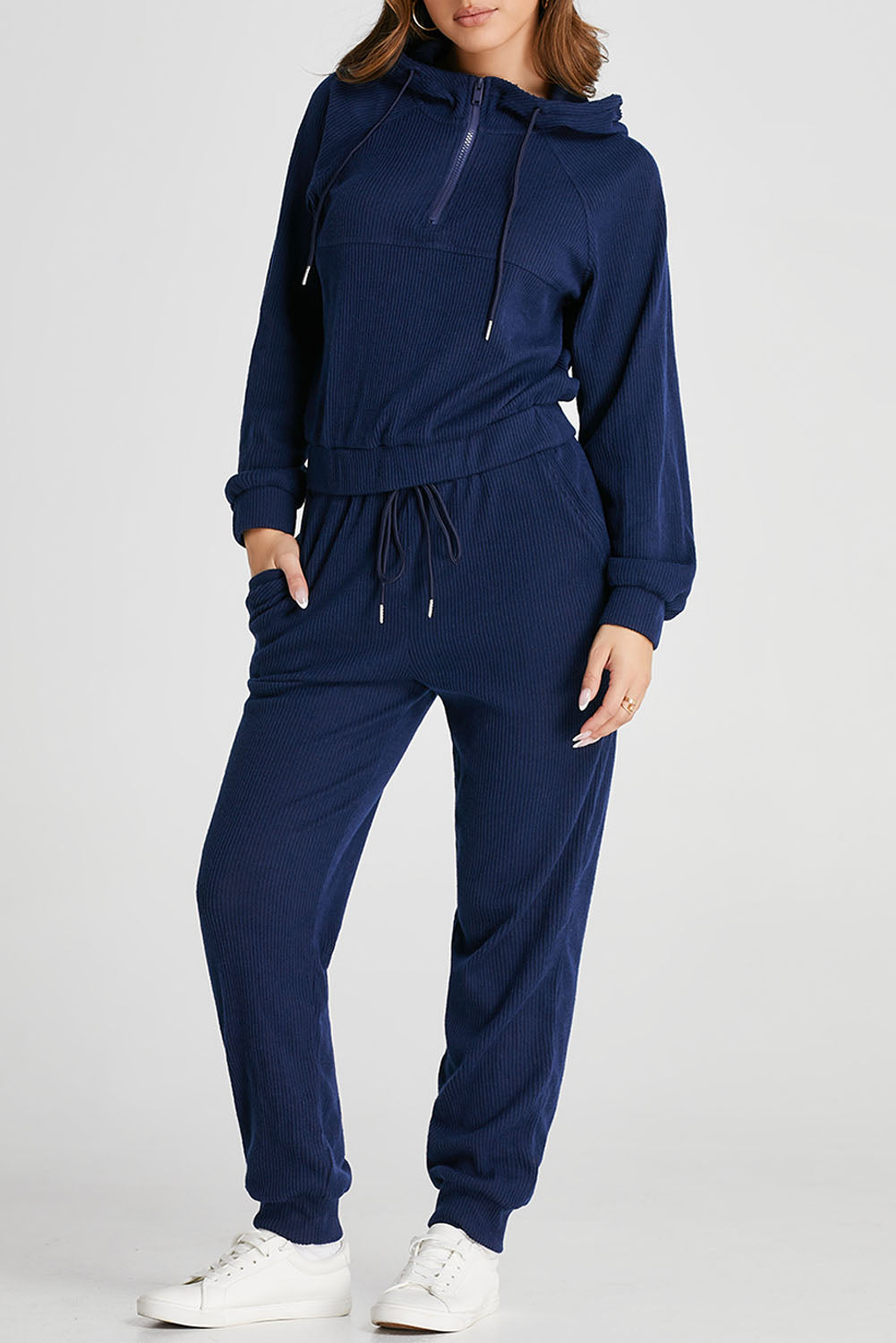 Navy Blue Ribbed Knit Cropped Hoodie and Drawstring Joggers Set - eAura