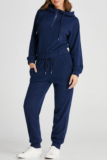 Navy Blue Ribbed Knit Cropped Hoodie and Drawstring Joggers Set - eAura