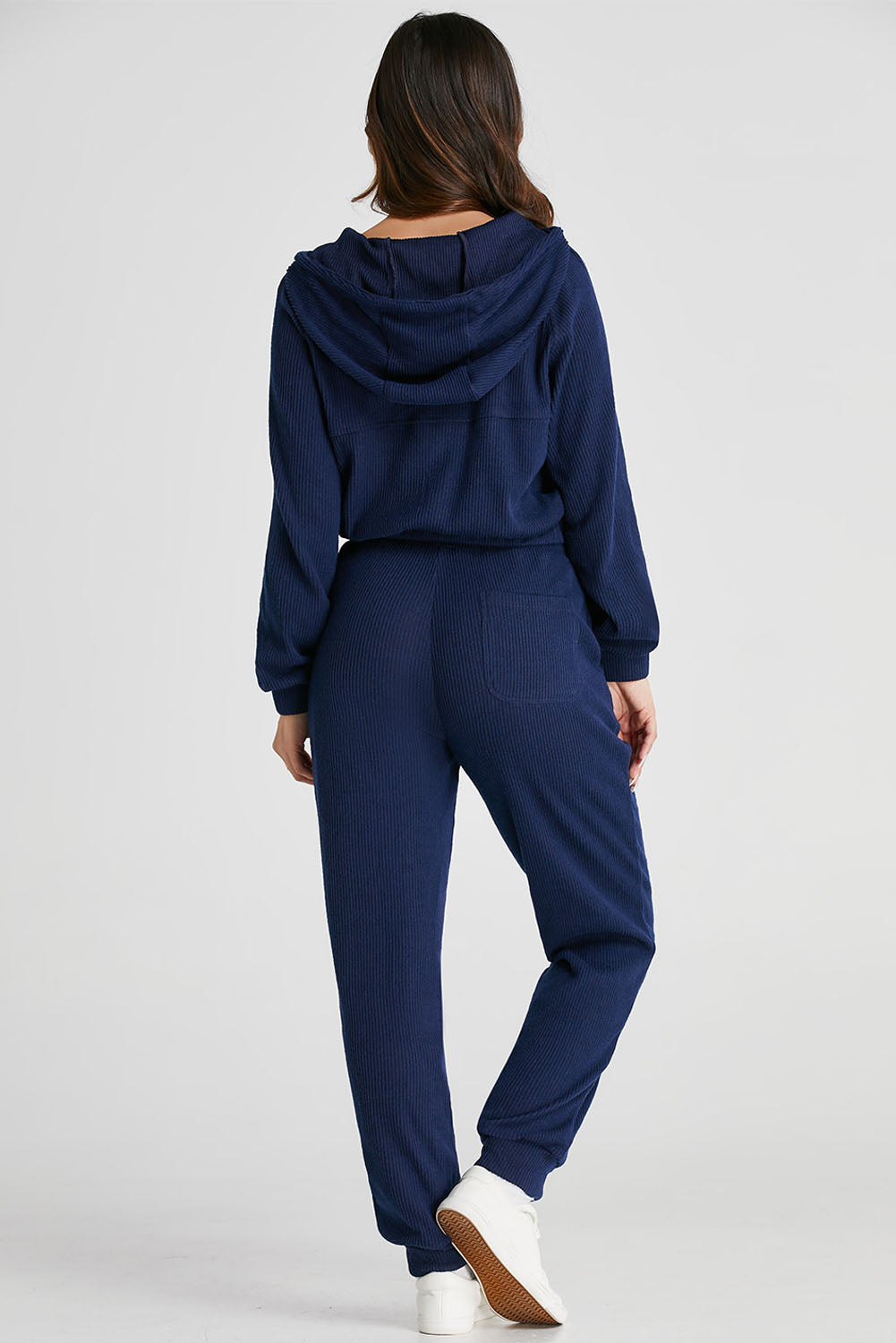 Navy Blue Ribbed Knit Cropped Hoodie and Drawstring Joggers Set - eAura