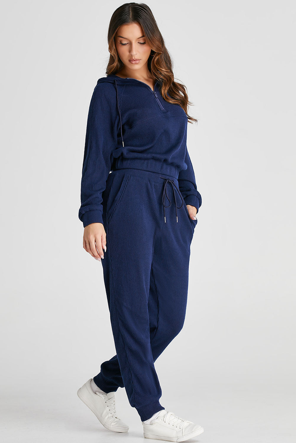Navy Blue Ribbed Knit Cropped Hoodie and Drawstring Joggers Set - eAura