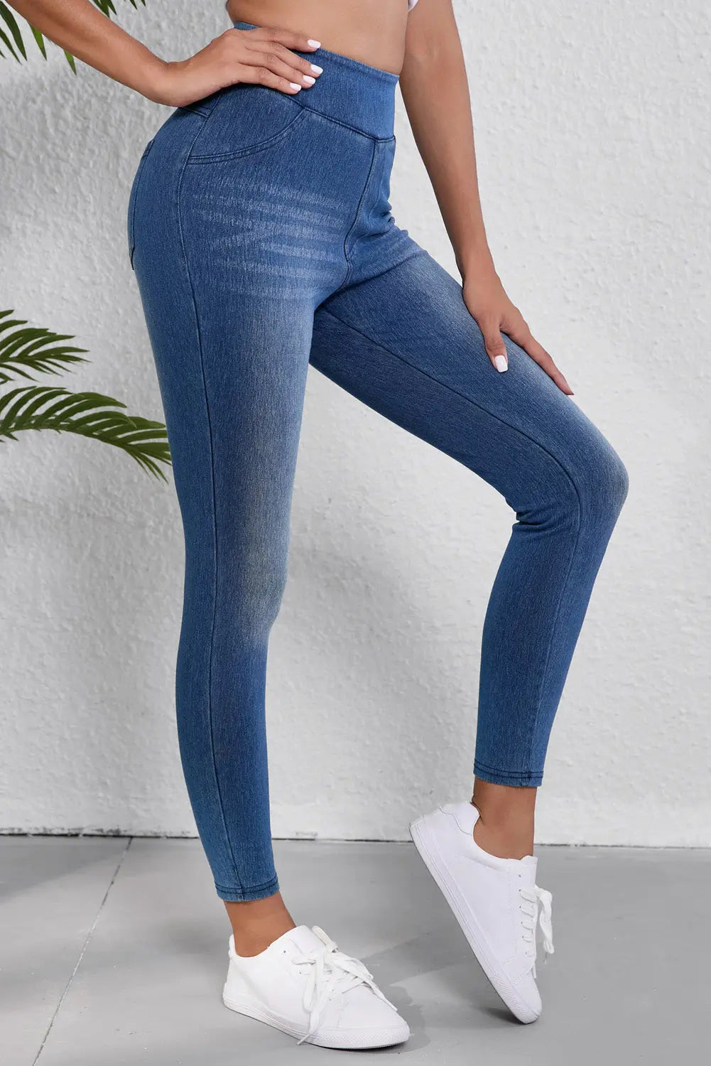 Navy Blue Skinny Elastic Waist Ankle Length Mid Waist Jeggings with Pockets eAura