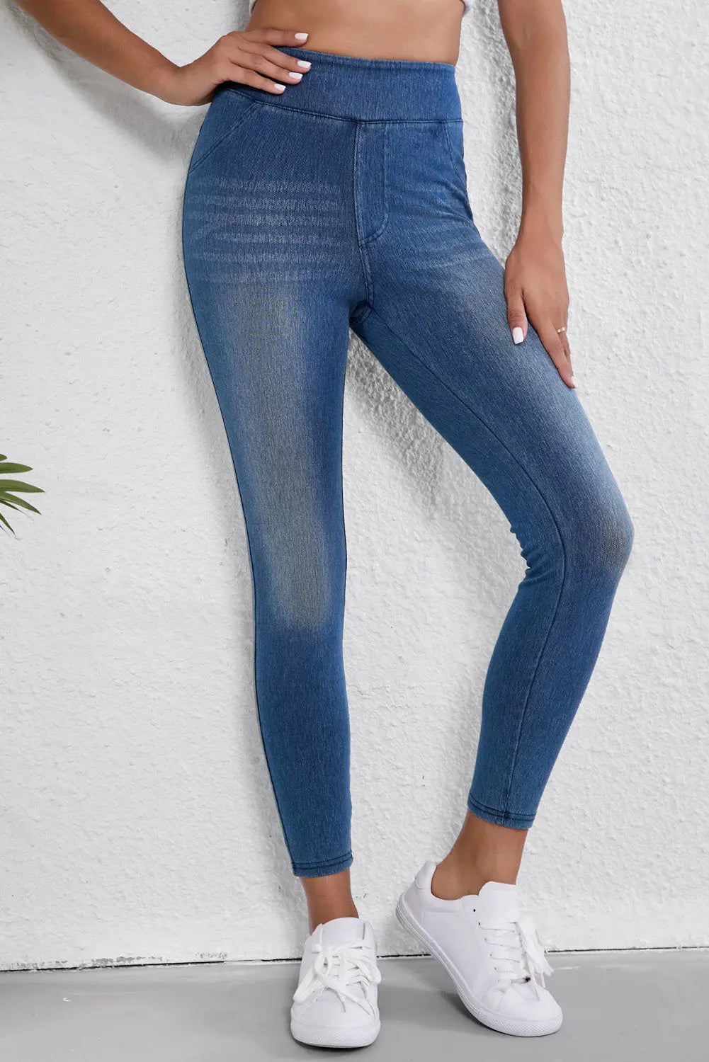 Navy Blue Skinny Elastic Waist Ankle Length Mid Waist Jeggings with Pockets eAura