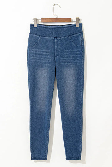 Navy Blue Skinny Elastic Waist Ankle Length Mid Jeggings with Pockets - Bottoms/Jeggings