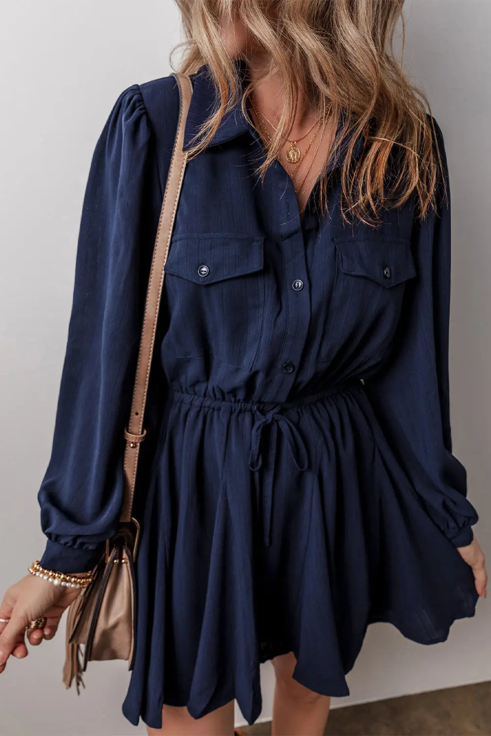 Navy Blue Solid Chest Pockets Tunic Shirt Mini Dress Beagle Boutique Fashion Outlet