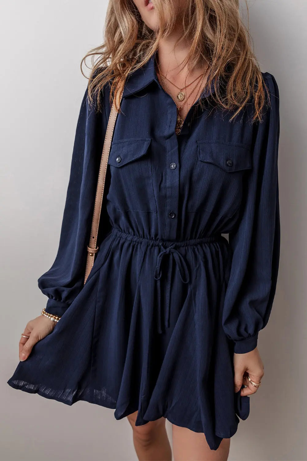 Navy Blue Solid Chest Pockets Tunic Shirt Mini Dress Beagle Boutique Fashion Outlet