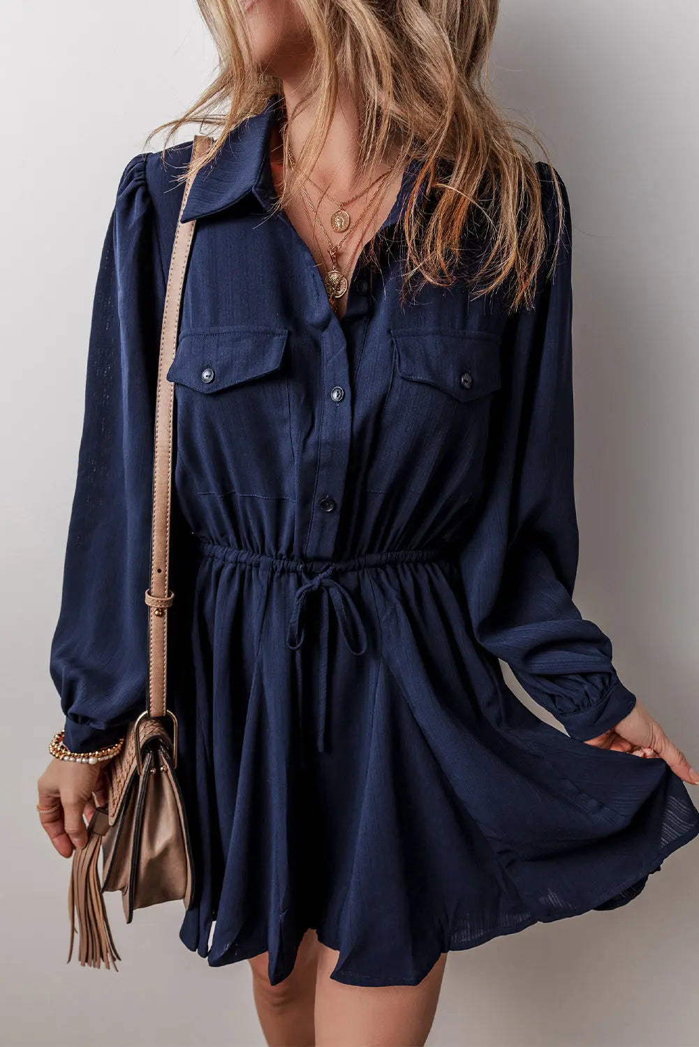 Navy Blue Solid Chest Pockets Tunic Shirt Mini Dress Beagle Boutique Fashion Outlet