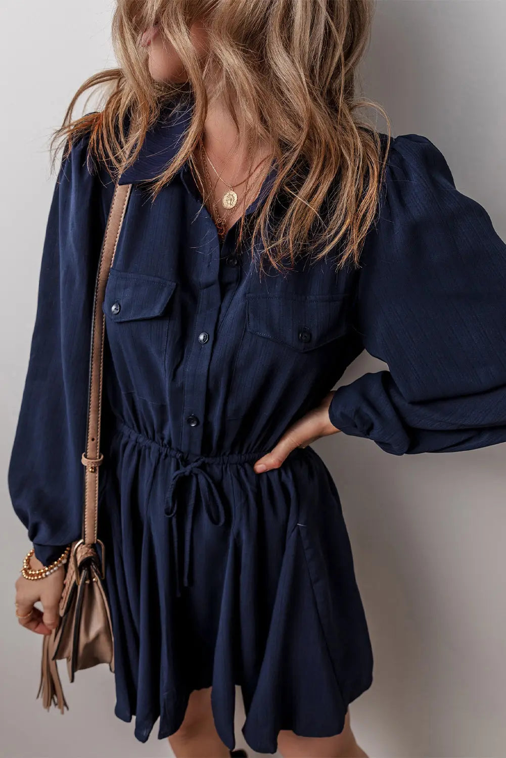 Navy Blue Solid Chest Pockets Tunic Shirt Mini Dress Beagle Boutique Fashion Outlet