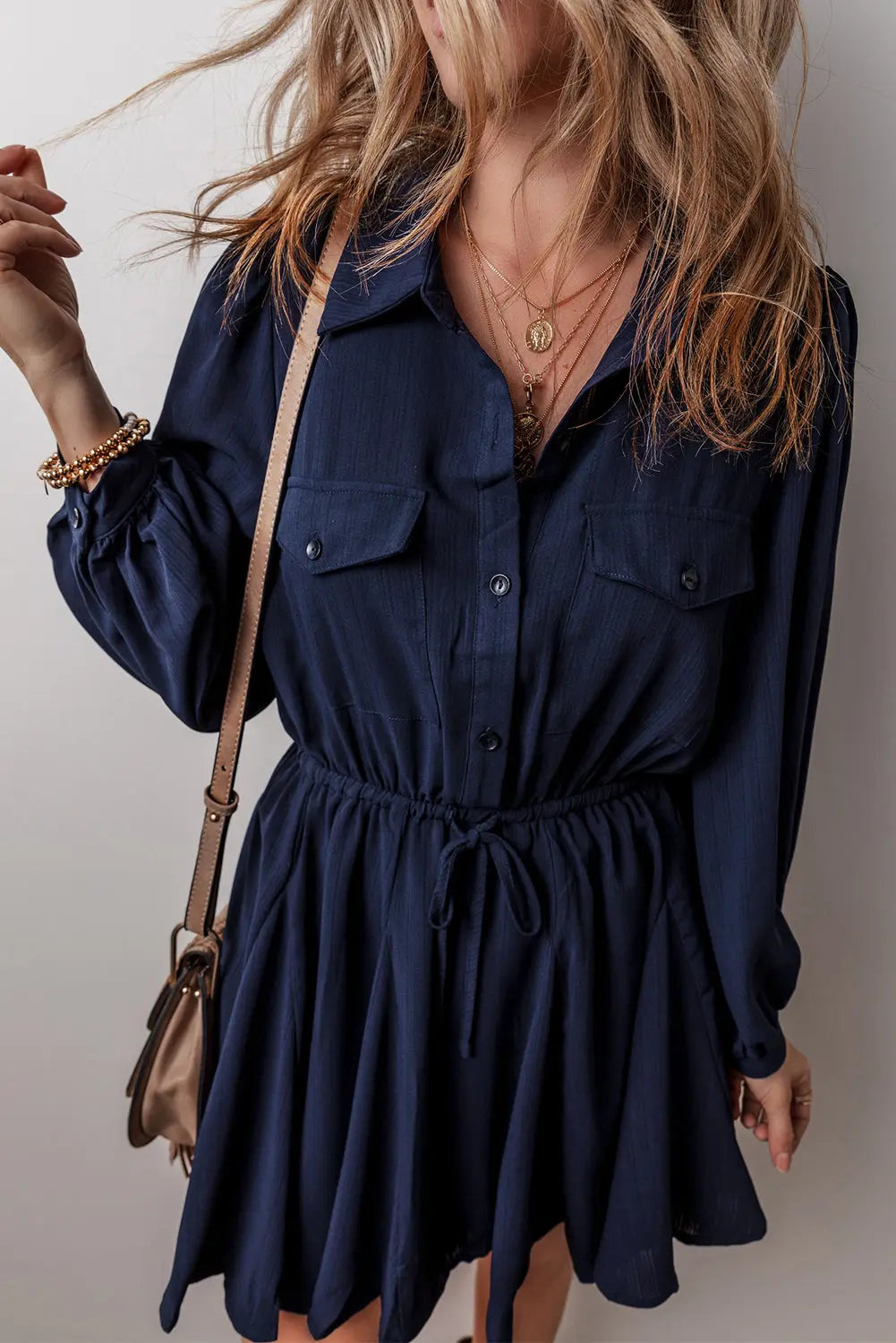 Navy Blue Solid Chest Pockets Tunic Shirt Mini Dress Beagle Boutique Fashion Outlet