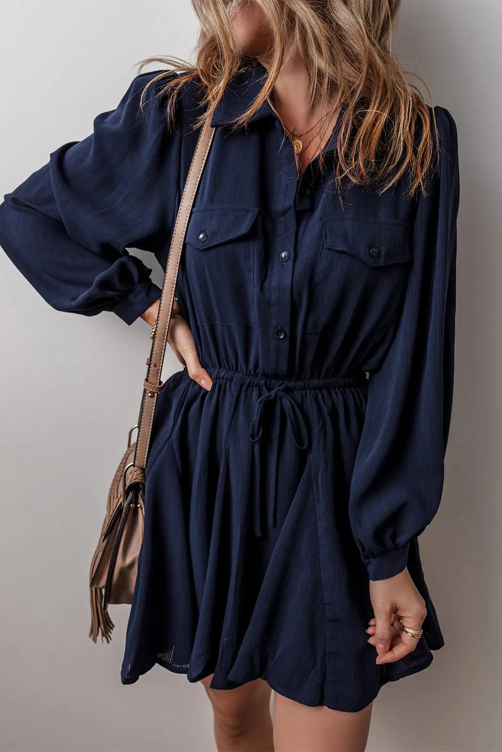Navy Blue Solid Chest Pockets Tunic Shirt Mini Dress Beagle Boutique Fashion Outlet