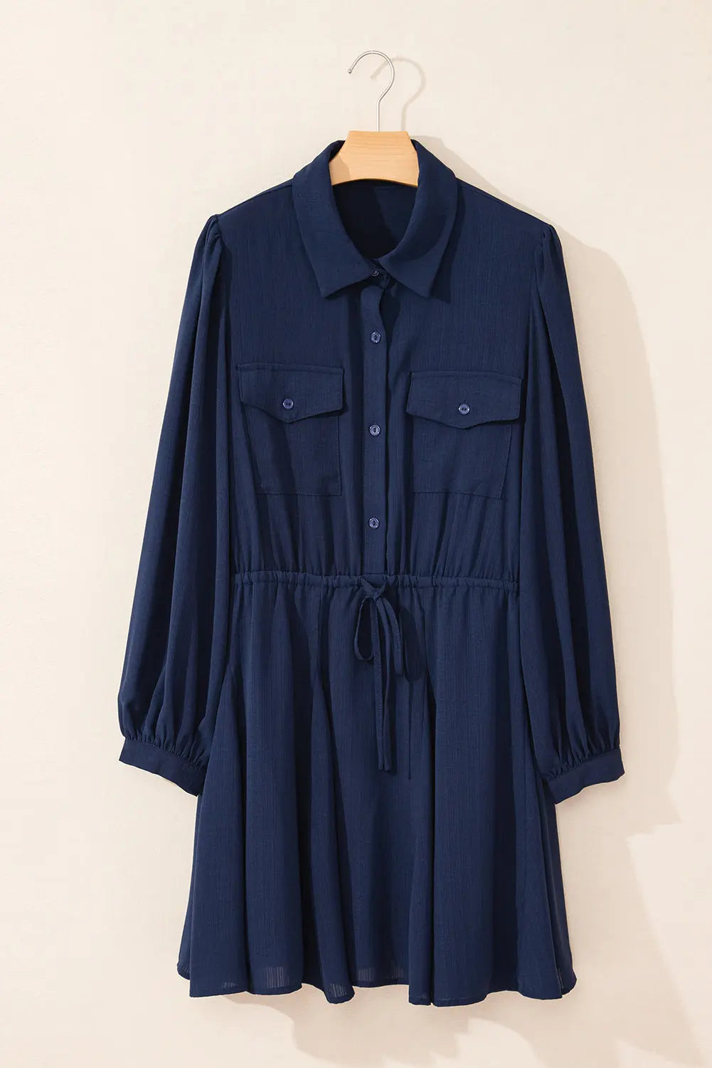 Navy Blue Solid Chest Pockets Tunic Shirt Mini Dress Beagle Boutique Fashion Outlet