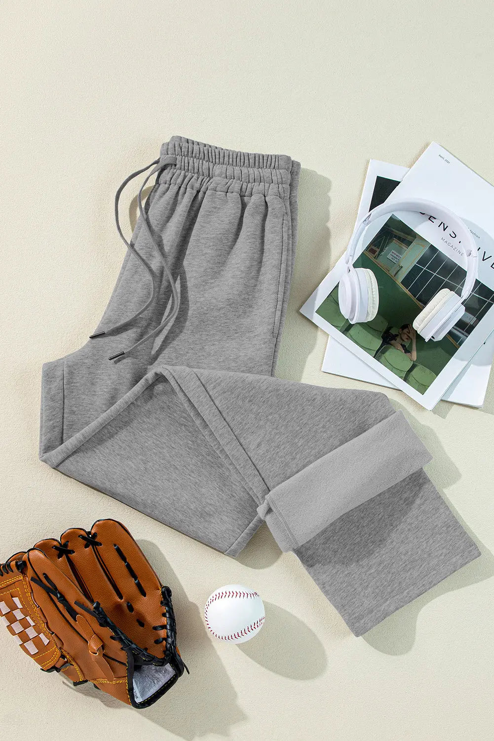 Navy Blue Solid Color Fleece Lined Drawstring Waist Casual Pants - eAura