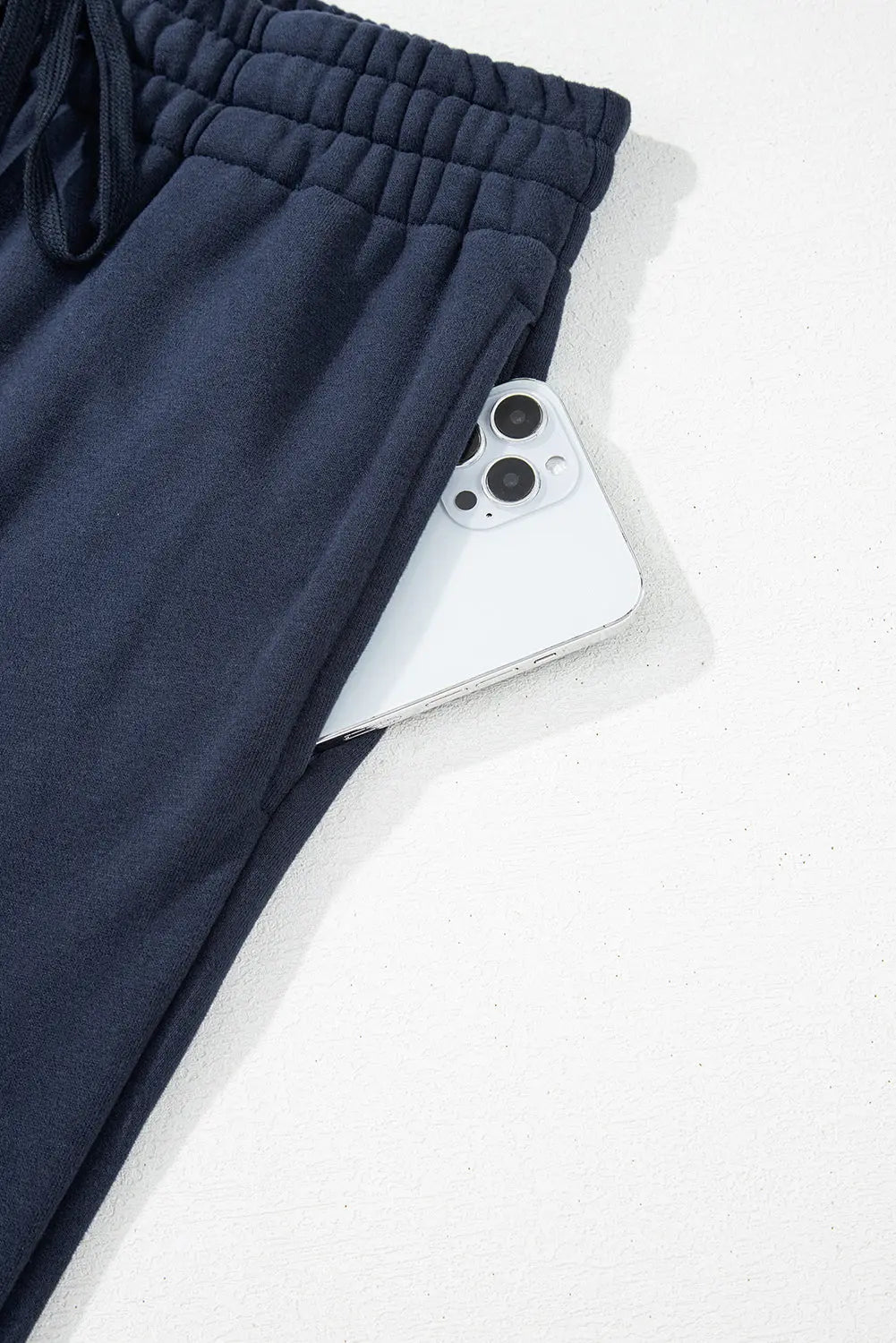 Navy Blue Solid Colour Fleece Lined Drawstring Waist Casual Trousers Beagle Boutique Fashion Outlet