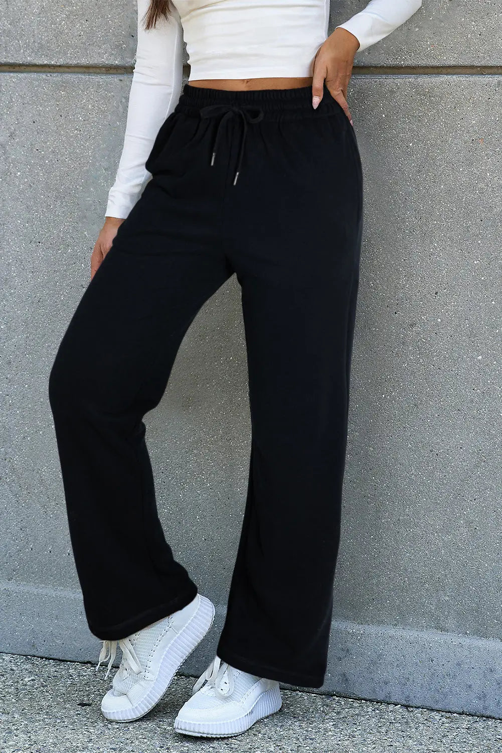Navy Blue Solid Colour Fleece Lined Drawstring Waist Casual Trousers Beagle Boutique Fashion Outlet
