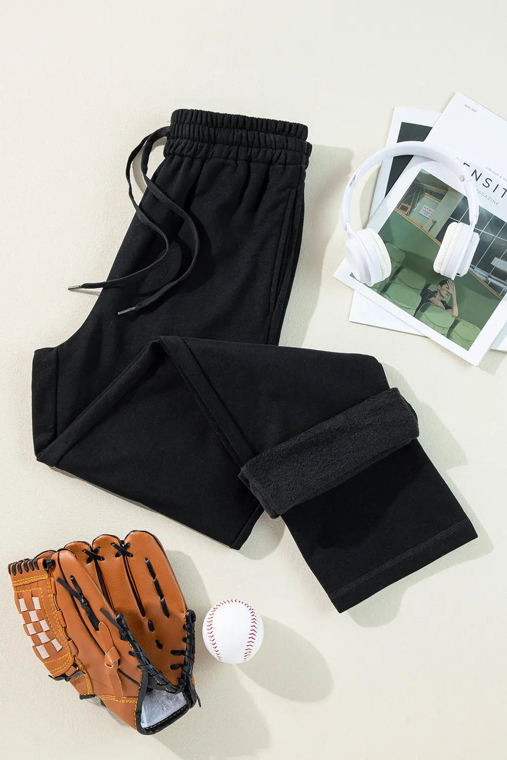 Navy Blue Solid Colour Fleece Lined Drawstring Waist Casual Trousers Beagle Boutique Fashion Outlet