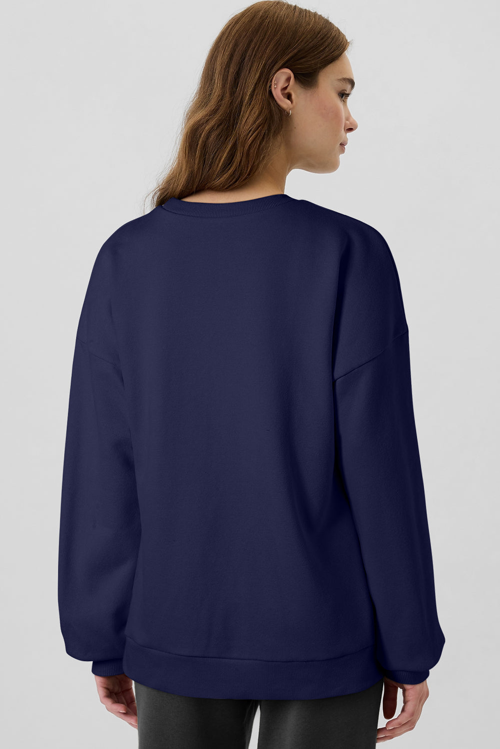Navy Blue Solid Fleece Lined Drop Shoulder High Low Sweatshirt - eAura