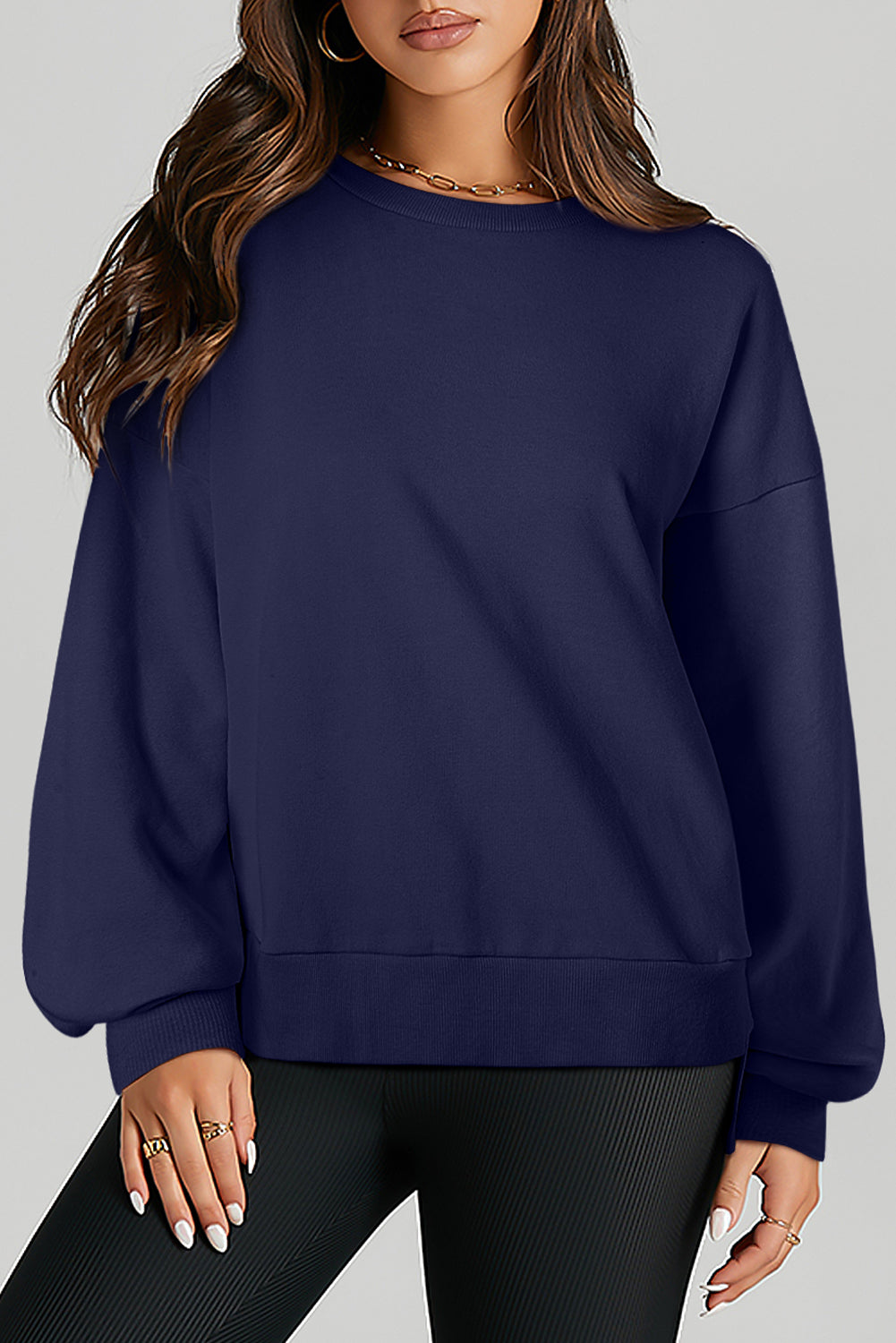 Navy Blue Solid O Neck High Low Hem Pullover Sweatshirt - eAura