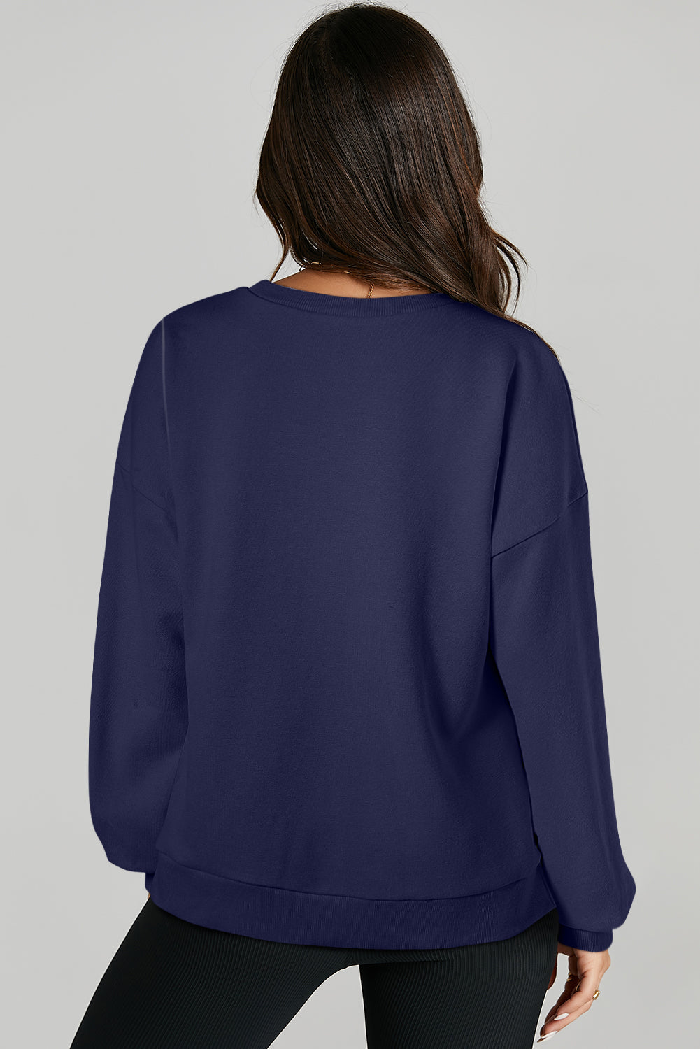 Navy Blue Solid O Neck High Low Hem Pullover Sweatshirt - eAura
