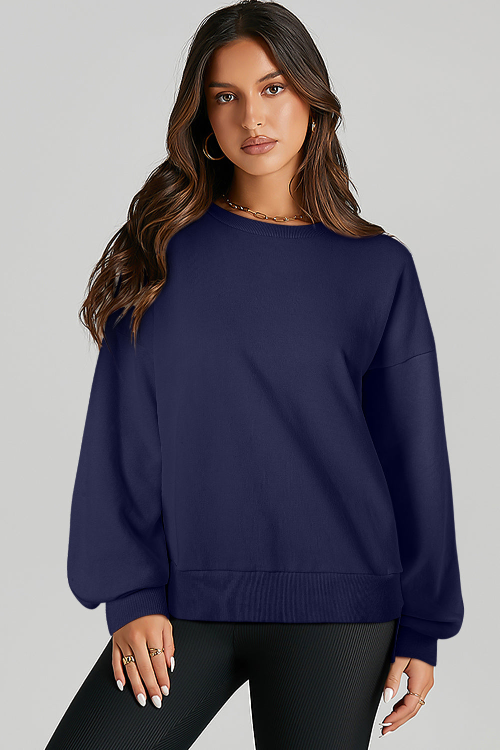 Navy Blue Solid O Neck High Low Hem Pullover Sweatshirt - Tops/Sweatshirts & Hoodies