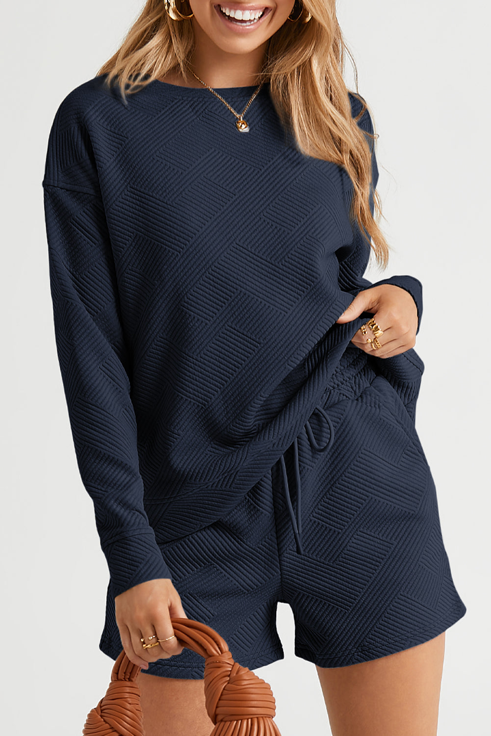 Navy Blue Textured Long Sleeve Top and Drawstring Shorts Set - NAVY BLUE / S / 95% POLYESTER + 5% ELASTANE - Two Piece