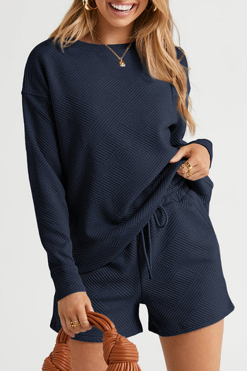 Navy Blue Textured Long Sleeve Top and Drawstring Shorts Set - NAVY BLUE / S / 95% POLYESTER + 5% ELASTANE - Two Piece